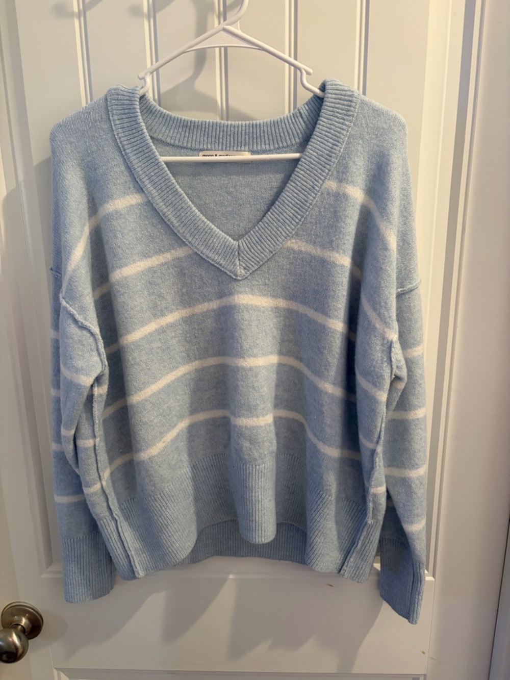 moon & madison Light Blue and White Striped V-Neck Sweater